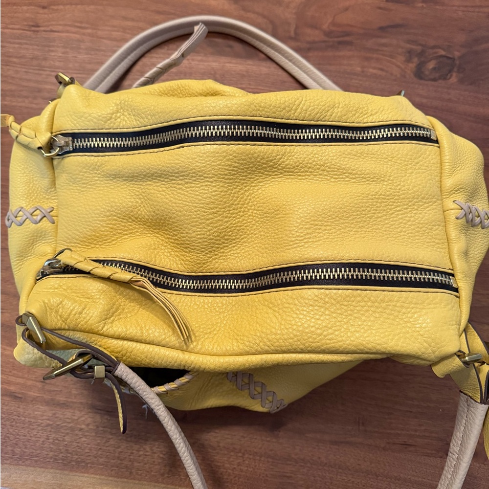 Oryany Womens Yellow & Tan Pebbled Leather Tote Shoulder Bag Multi Pockets - Picture 3 of 11